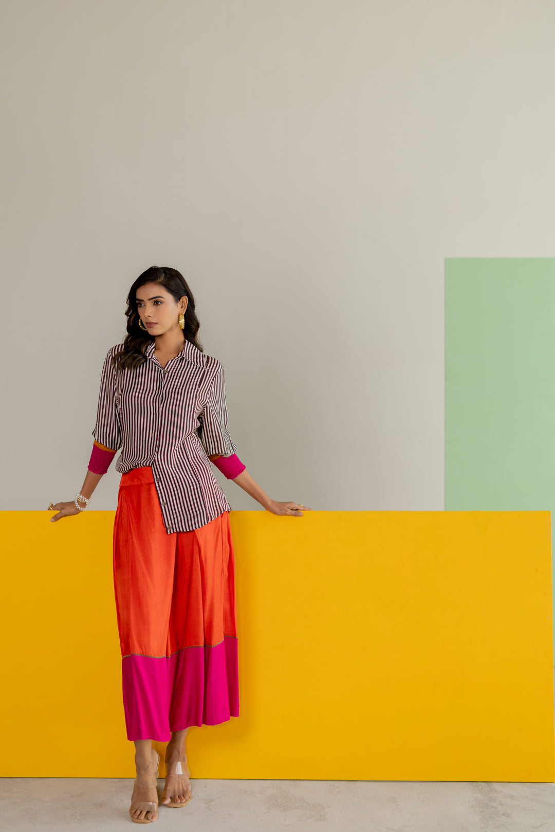 stripe shirt and orange skirt set