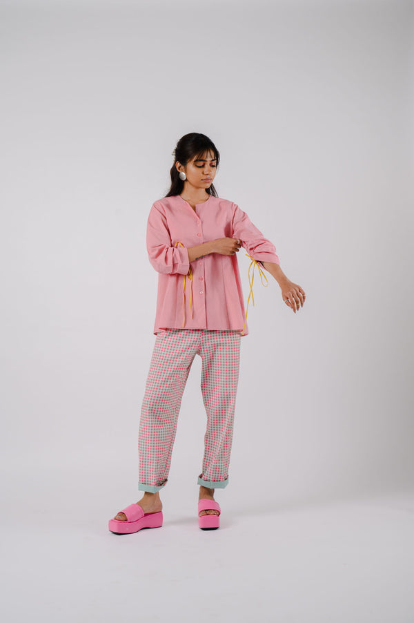 Pink High-Low Cutwork Tunic With Checkered Pants