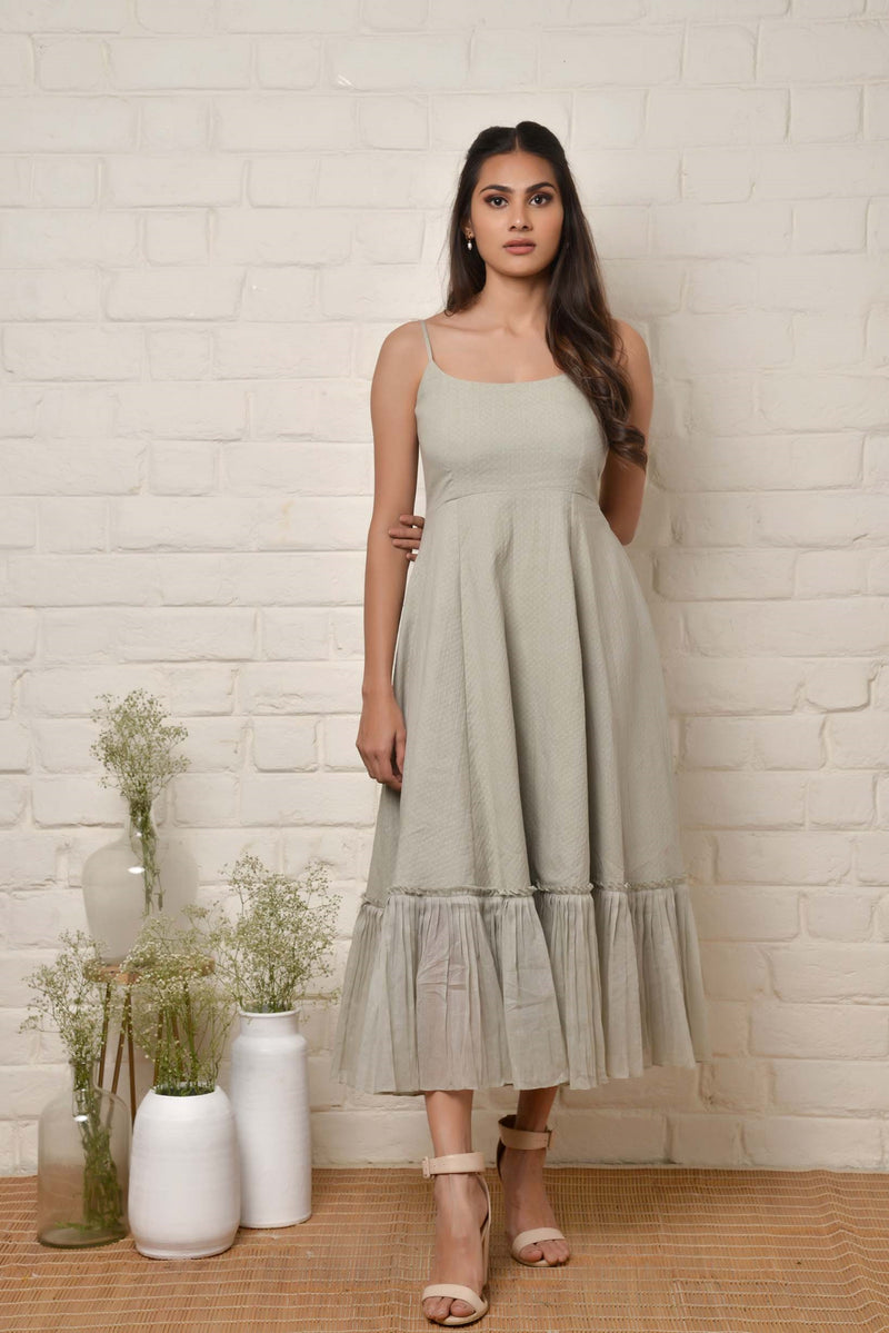 Grey Spaghetti Dress With Frills