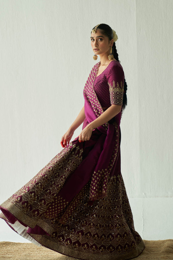 Wine Raw Silk Lehenga Set