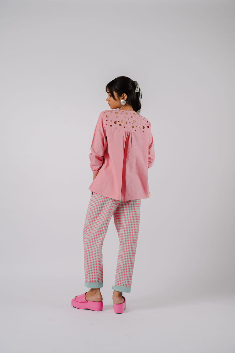 Pink High-Low Cutwork Tunic With Checkered Pants