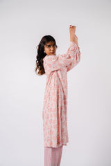 Peach Floral Long Shirt With Checkered Pants