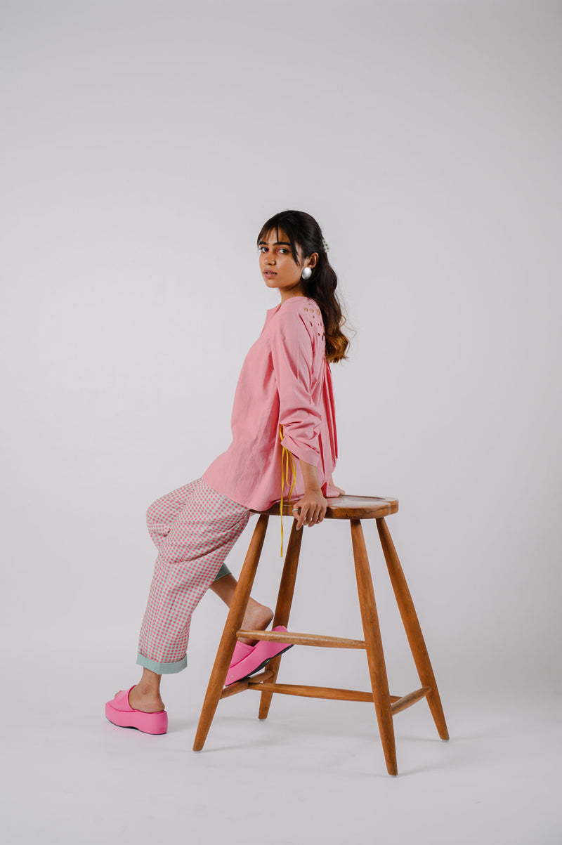 Pink High-Low Cutwork Tunic With Checkered Pants