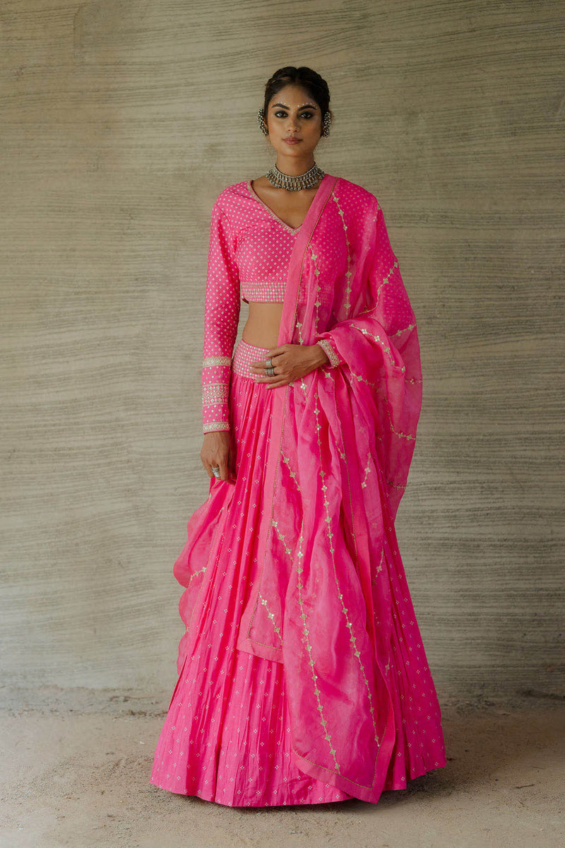 Hot Pink Bandhani Print Lehenga Set