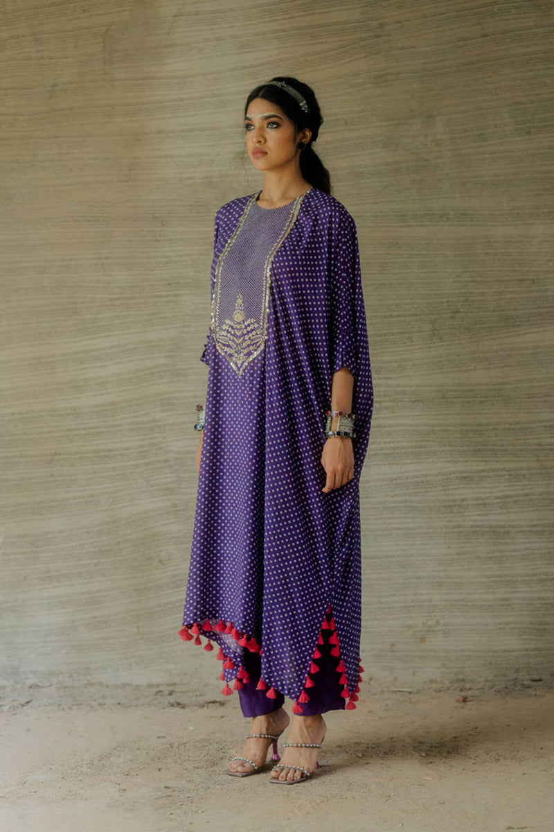 Purple Bandhej Kaftan with Pants