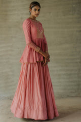 Peach Cotton Silk Peplum Lehenga Set