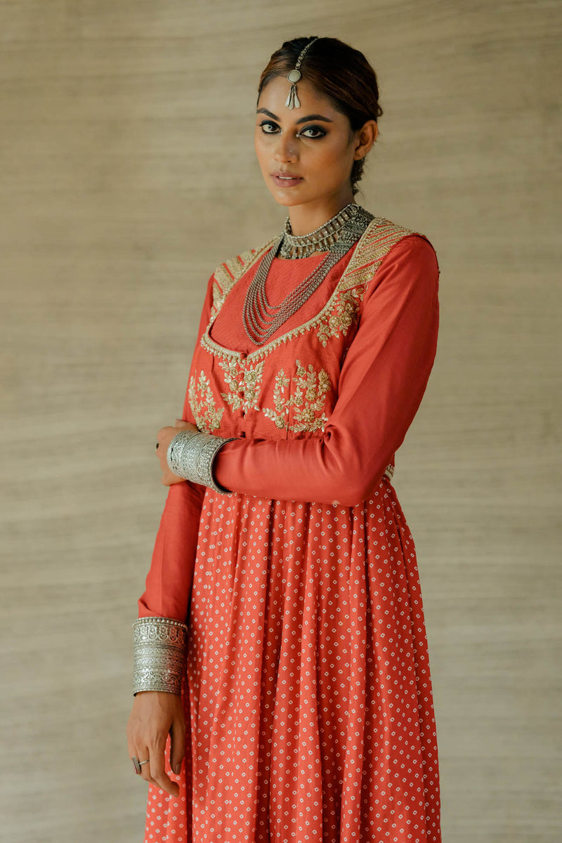 Red Printed Bandhej Anarkali set with jacket
