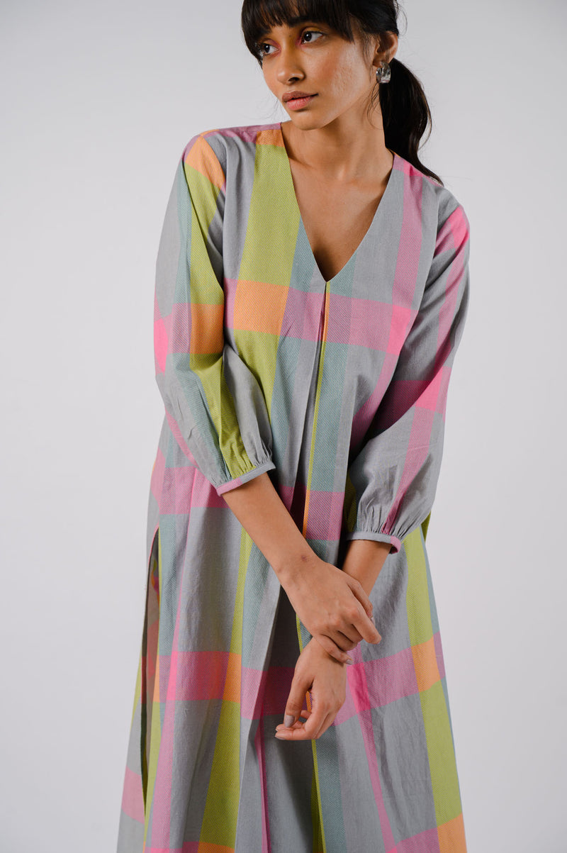 Grey Multi-Colour Checkered Kurta