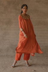Orange Bandhej Kaftan With Pants