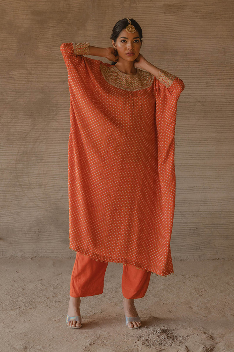 Orange Bandhej Kaftan With Pants