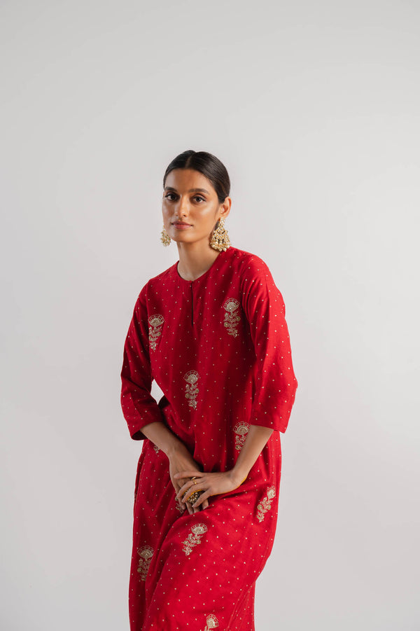 Red Hand Embroidered Kurta Set