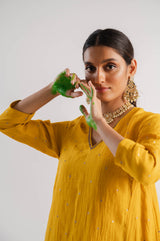 Yellow V-Neck Chanderi Kurta Set