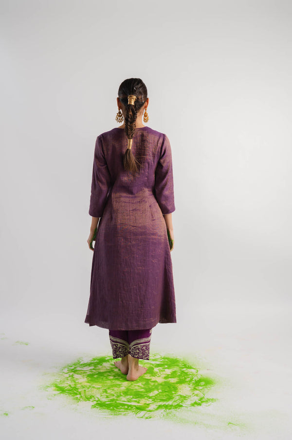 Purple V-Neck Tissue Kurta Set