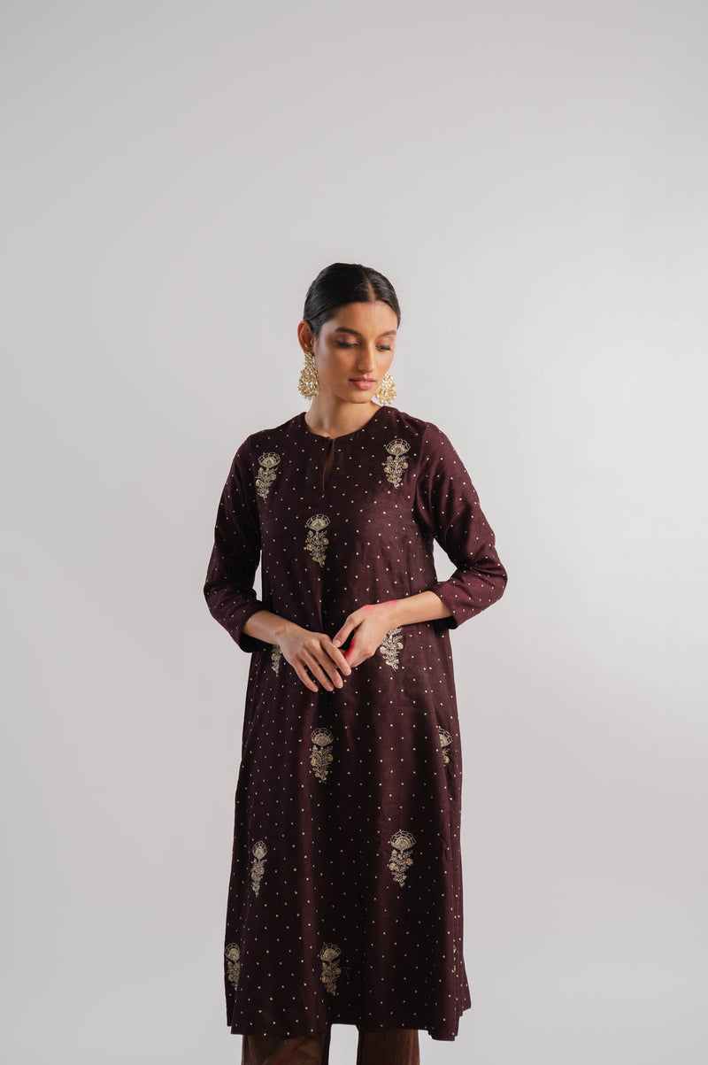 Brown Embroidered Kurta Set