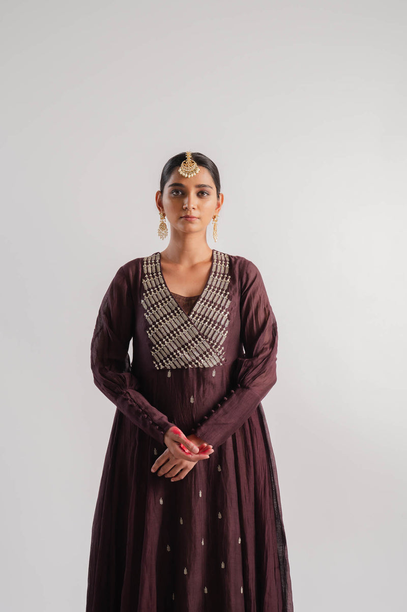 Brown Chanderi Dress With Tissue Inner