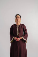 Brown Slub Silk Bell Sleeved Kurta Set