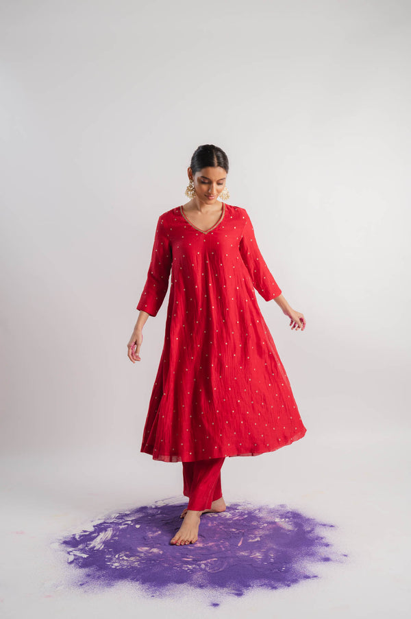 Red Chanderi V-Neck Kurta Set