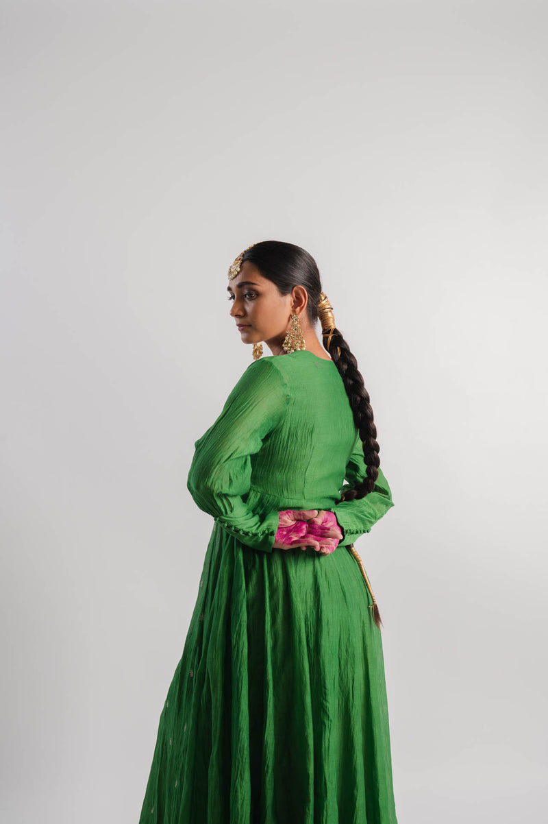 Green Chanderi Dress With Tissue Inner