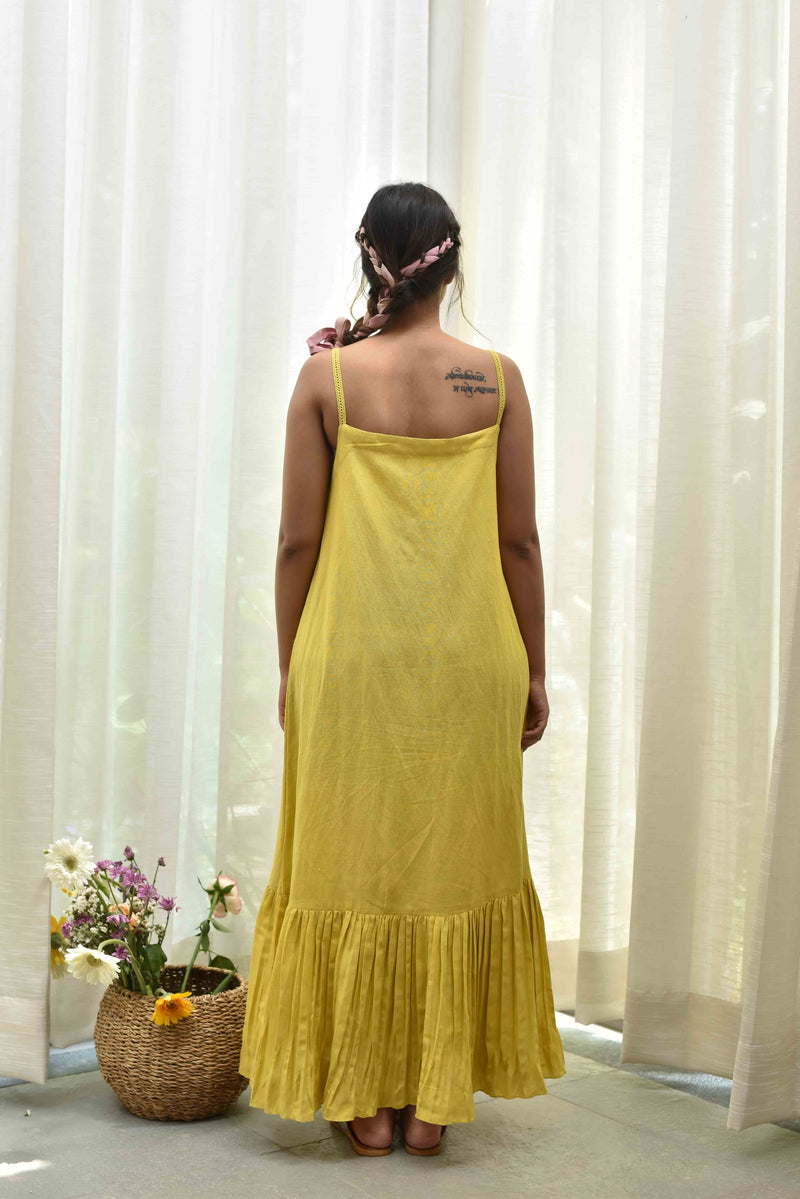 Grey Checks Tiered Dress With Yellow Spaghetti Inner