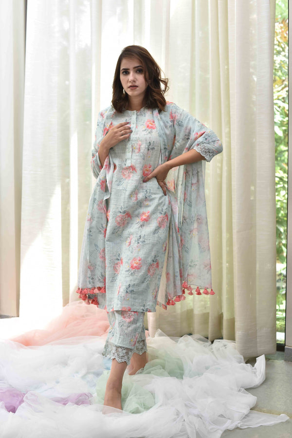 Sea Green Printed Kurta With Pants