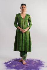 Green V-Neck Tissue Kurta Set