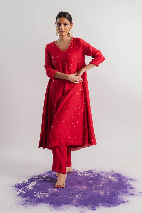 Red Chanderi V-Neck Kurta Set