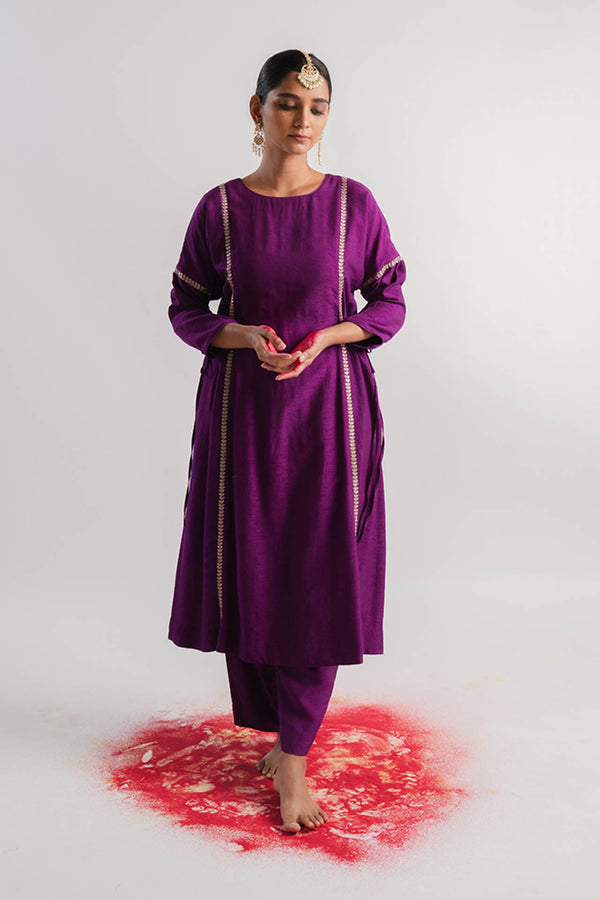 Purple Vertical Line Embroidered Kurta Set