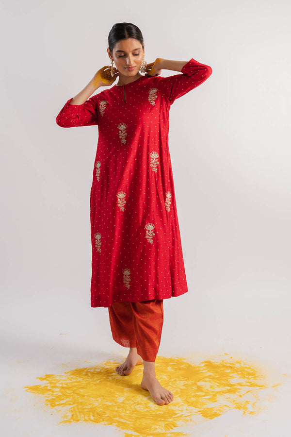 Red Hand Embroidered Kurta Set