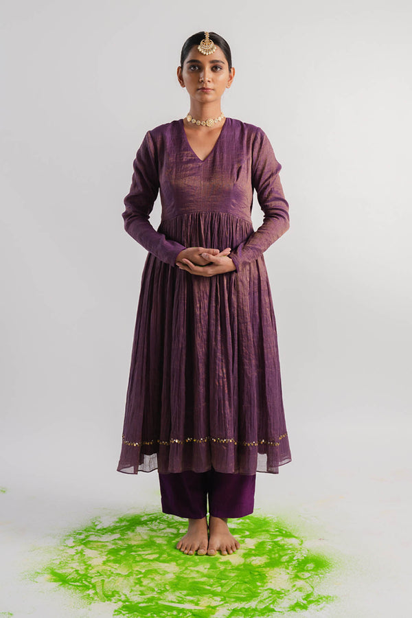 Purple Tissue Anarkali Kurta Set