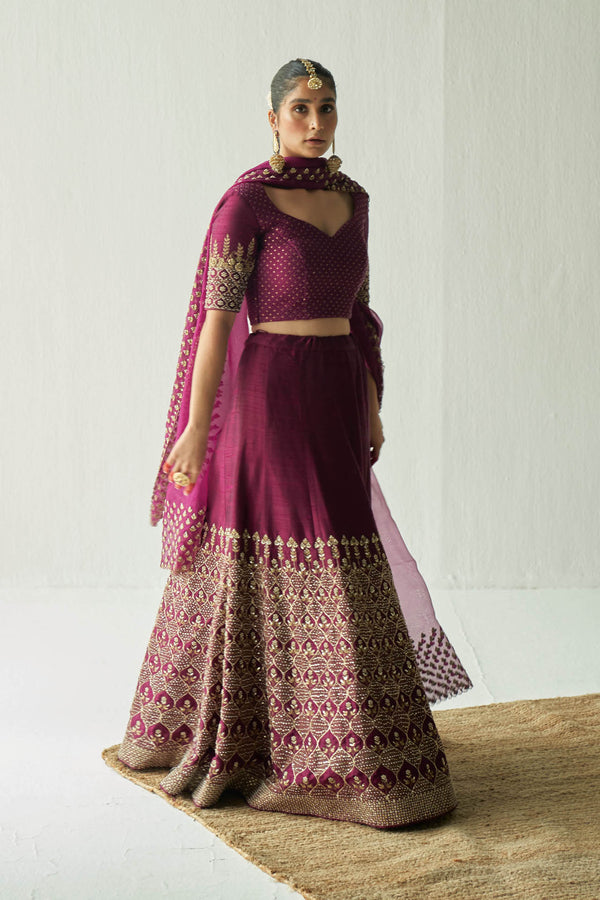 Wine Raw Silk Lehenga Set