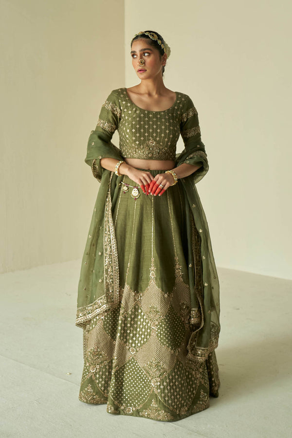 Olive Raw Silk Lehenga Set