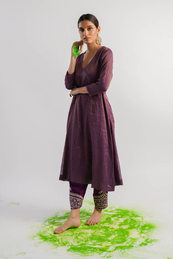 Purple V-Neck Tissue Kurta Set