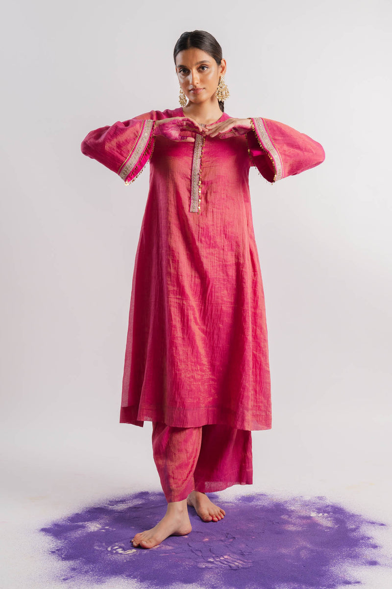 Pink Tissue Bell Sleeve Kurta Set